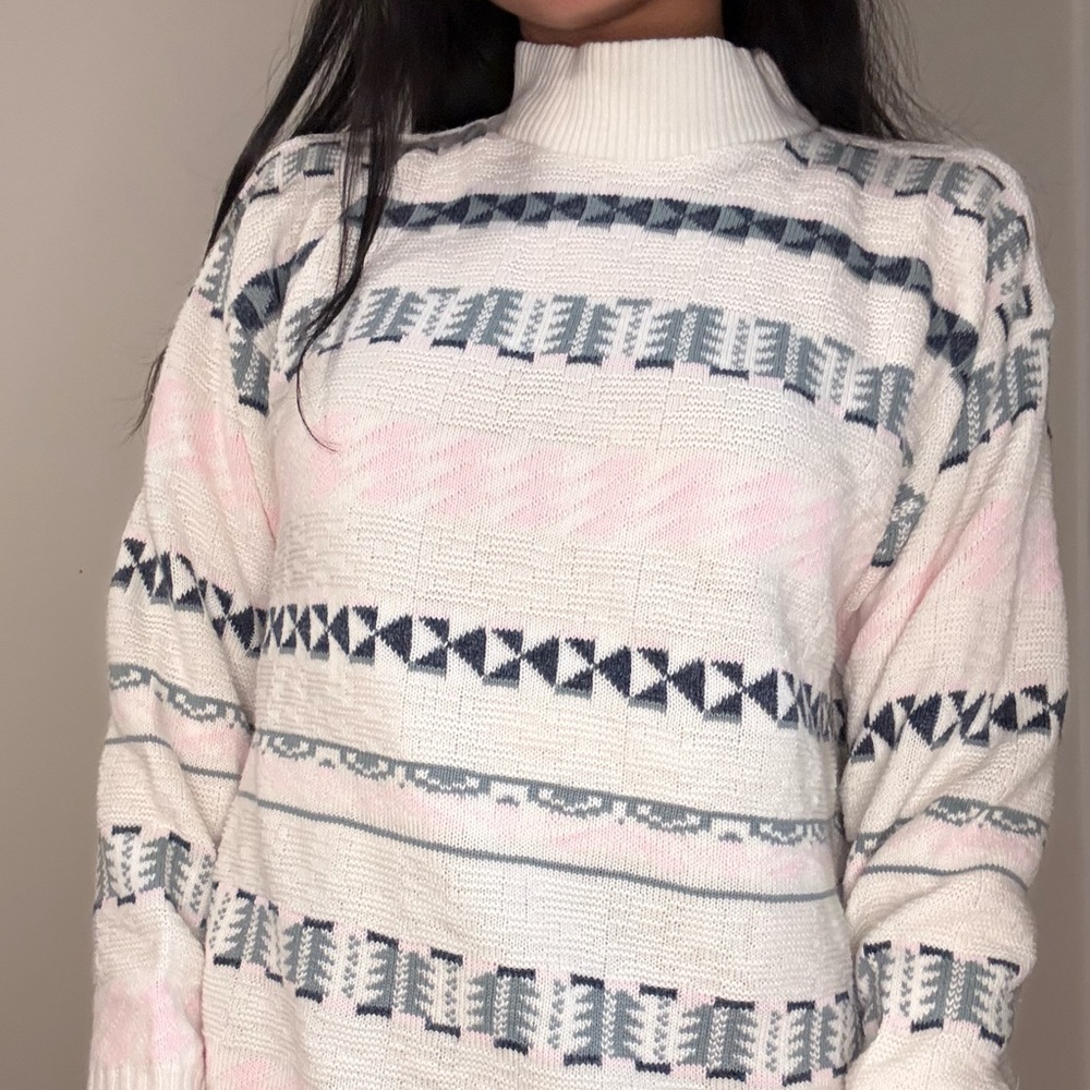 Vintage Patterned Women's Sweater - Pink and Blue